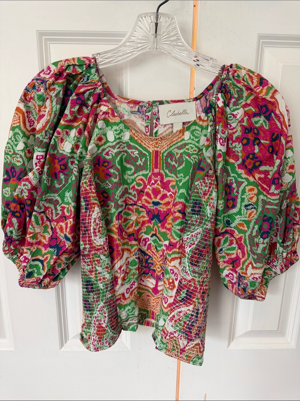 Cleobella Green Pink Multicolor Printed Puff-Sleeve Blouse